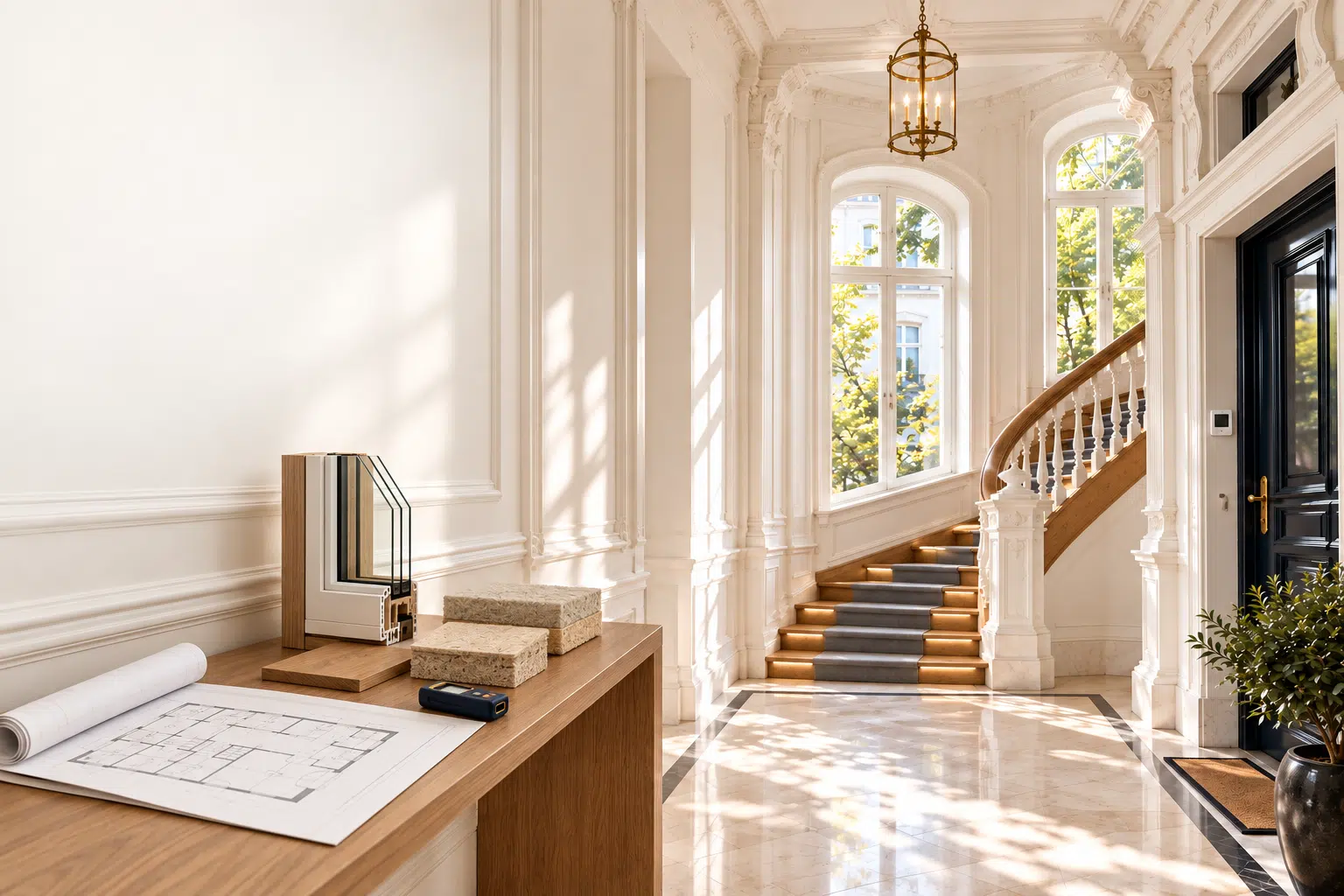 Altbau-Treppenhaus mit Bauplan, Fenster- und Dämmstoffmustern für die Modernisierung